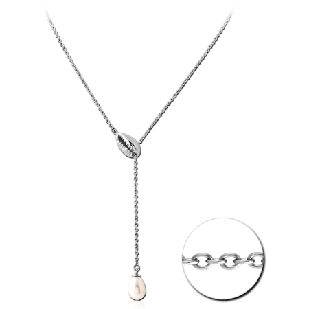 316L SURGICAL STEEL LARIAT NECKLACE COWRIE SHELL WITH TEARDROP CHARM