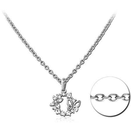 316L SURGICAL STEEL NECKLACE JEWELED FLORAL WREATH PENDANT WITH BUTTERFLY CHARM