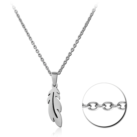 316L SURGICAL STEEL NECKLACE FEATHER PENDANT SIMPLE POLISHED SILHOUETTE DESIGN