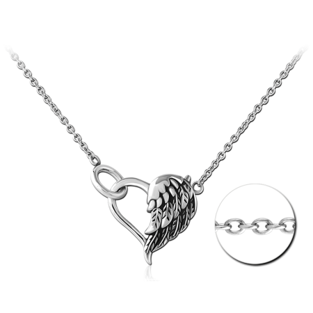 316L SURGICAL STEEL NECKLACE HEART PENDANT WITH WING AND SWIRL DETAIL