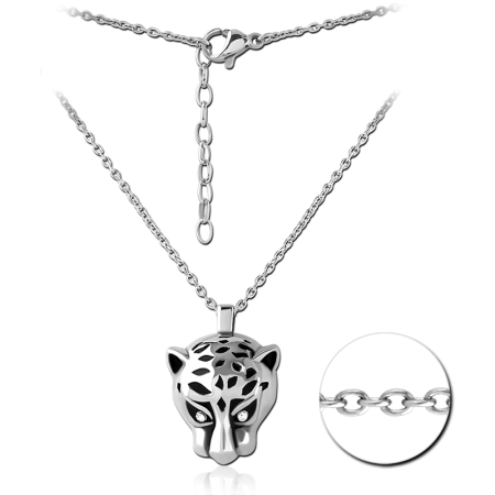 SURGICAL STEEL NECKLACE CUTOUT PANTHER HEAD PENDANT WITH GEM EYES