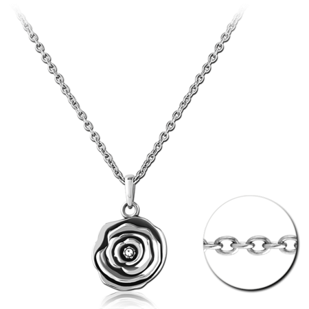 316L SURGICAL STEEL NECKLACE WITH ROSE PENDANT AND SINGLE CLEAR GEM CENTER
