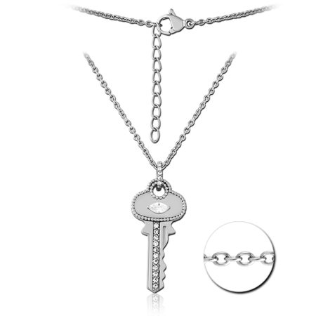 316L SURGICAL STEEL NECKLACE WITH JEWELED KEY PENDANT AND CLEAR GEM ACCENTS