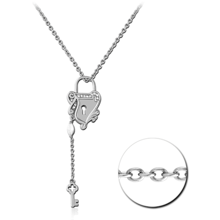 316L SURGICAL STEEL NECKLACE WITH JEWELED HEART LOCK PENDANT AND DANGLING KEY CHARM
