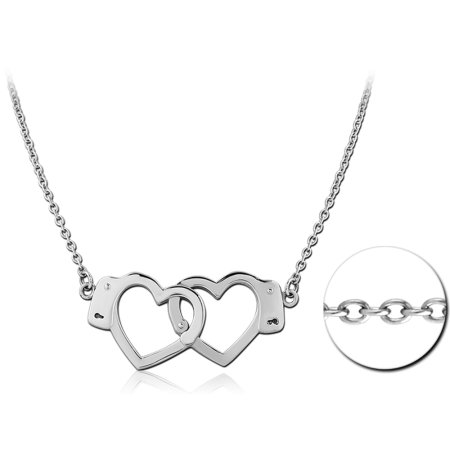 316L SURGICAL STEEL NECKLACE WITH LINKED DOUBLE HEART PENDANT WITH HANDCUFF DETAIL