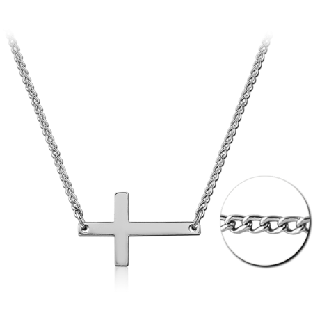 316L SURGICAL STEEL NECKLACE WITH SIDEWAYS CROSS PENDANT ON CURB CHAIN