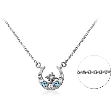 316L SURGICAL STEEL NECKLACE WITH JEWELED CRESCENT MOON AND STAR PENDANT