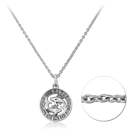 316L SURGICAL STEEL NECKLACE WITH ZODIAC MEDALLION PENDANT CUTOUT CENTER ENGRAVED BORDER