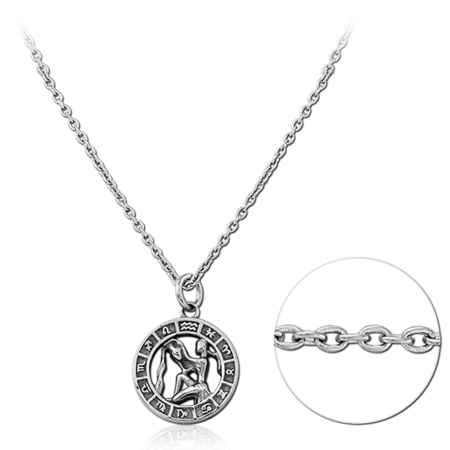 316L SURGICAL STEEL NECKLACE WITH ROUND OPENWORK WATER BEARER ZODIAC MEDALLION PENDANT