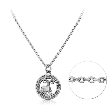 316L SURGICAL STEEL NECKLACE WITH ROUND OPENWORK RAM ZODIAC MEDALLION PENDANT