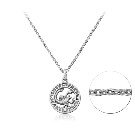 316L SURGICAL STEEL NECKLACE ROUND ZODIAC SCORPIO MEDALLION PENDANT ENGRAVED SYMBOL BORDER