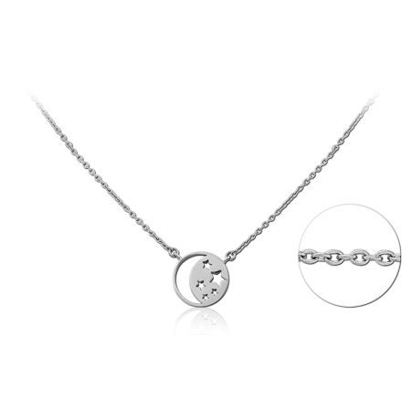 316L SURGICAL STEEL NECKLACE CRESCENT MOON OVER STAR CUTOUT DISC CENTERPIECE