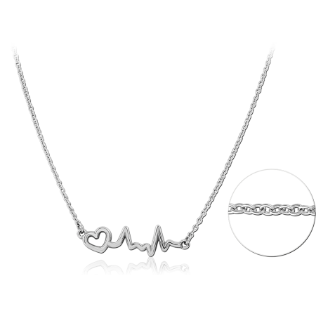 316L SURGICAL STEEL NECKLACE HEARTBEAT WAVE WITH HEART OUTLINE PENDANT CENTERPIECE
