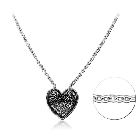 316L SURGICAL STEEL NECKLACE BLACKENED FILIGREE HEART PENDANT WITH TEXTURED DETAIL