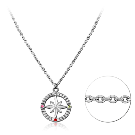 316L SURGICAL STEEL NECKLACE COMPASS STAR MEDALLION PENDANT WITH MULTICOLOR GEMS
