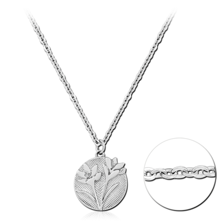 316L SURGICAL STEEL NECKLACE ROUND FLORAL MEDALLION PENDANT WITH ENGRAVED TEXTURE