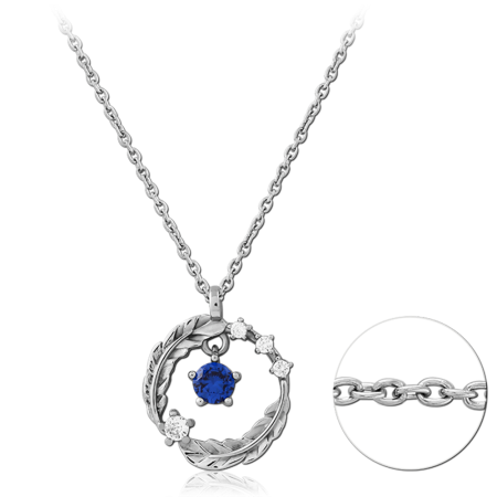 316L SURGICAL STEEL NECKLACE LEAF WREATH CIRCLE WITH BLUE AND CLEAR GEMS