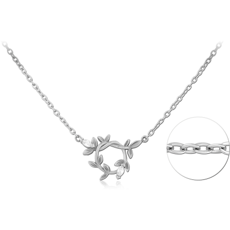 316L SURGICAL STEEL NECKLACE LEAF VINE OPEN CIRCLE WITH CLEAR ACCENTS