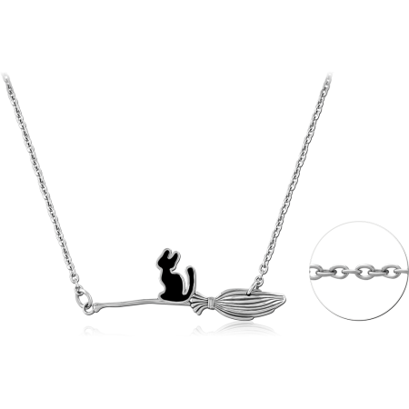 316L SURGICAL STEEL NECKLACE CAT ON BROOM SILHOUETTE BAR PENDANT