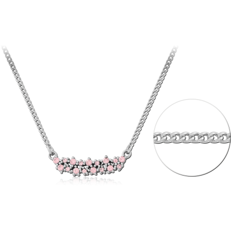 316L SURGICAL STEEL NECKLACE CURVED BAR PINK FLOWER CLUSTER WITH GEMS