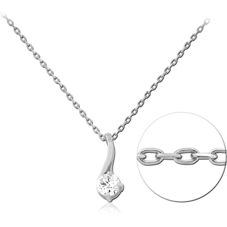 316L SURGICAL STEEL NECKLACE CURVED TEARDROP PENDANT SINGLE CLEAR GEM