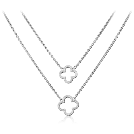 STERLING SILVER 925 LAYERED NECKLACE DOUBLE QUATREFOIL JEWELED OUTLINE PENDANTS CABLE CHAINS