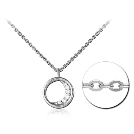 STERLING SILVER 925 NECKLACE OPEN CIRCLE PENDANT WITH JEWELED CRESCENT ACCENT