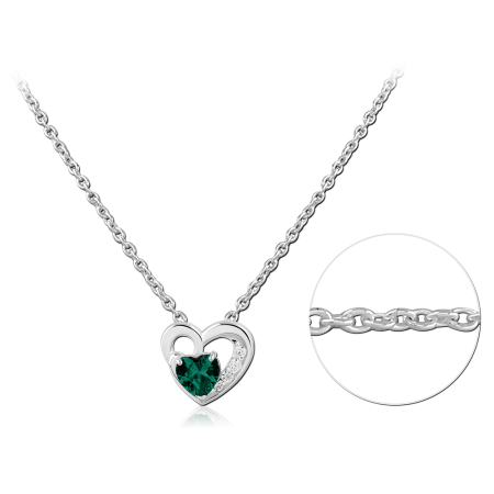 STERLING SILVER 925 NECKLACE OPEN HEART PENDANT WITH GREEN STONE AND CLEAR ACCENTS