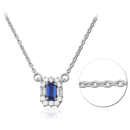 STERLING SILVER 925 NECKLACE EMERALD CUT BLUE PENDANT WITH CLEAR HALO