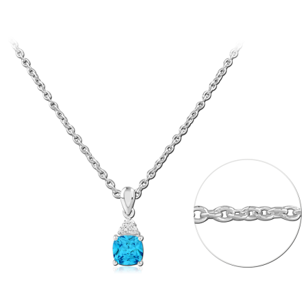 STERLING SILVER 925 NECKLACE BLUE RECTANGULAR STONE PENDANT WITH JEWELED BAIL