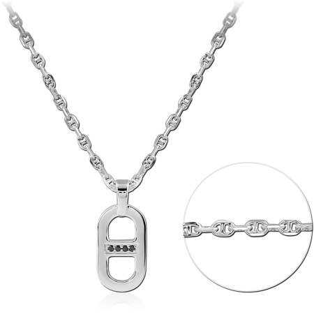 STERLING SILVER 925 NECKLACE OBLONG CUTOUT PENDANT WITH BLACK GEM BAR ROLO CHAIN