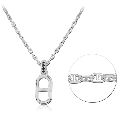 STERLING SILVER 925 NECKLACE OBLONG LINK PENDANT WITH BLACK GEM BAIL ROLO CHAIN