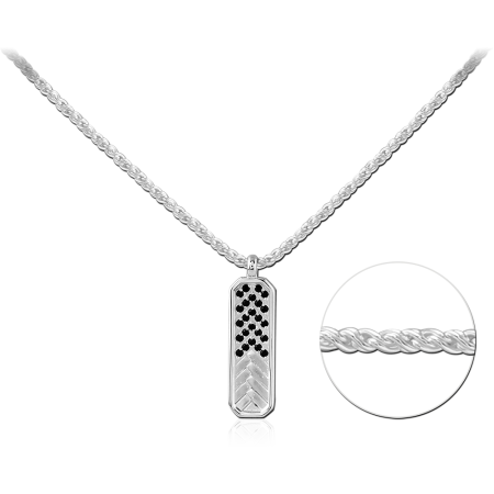 STERLING SILVER 925 NECKLACE RECTANGULAR TAG BLACK GEMS CHEVRON DETAIL ROPE CHAIN