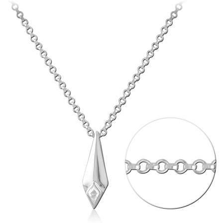 STERLING SILVER 925 NECKLACE GEOMETRIC SPEAR PENDANT CLEAR GEM ROLO CHAIN