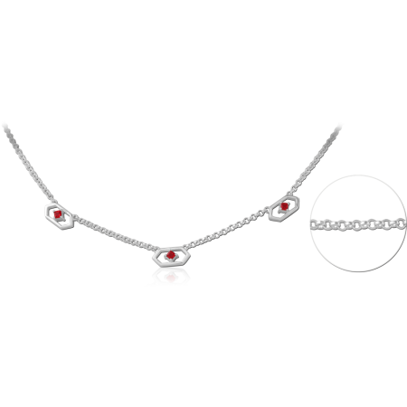 STERLING SILVER 925 STATION NECKLACE HEXAGON CHARMS WITH RED GEMS CABLE CHAIN