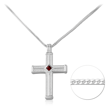 STERLING SILVER 925 NECKLACE CROSS PENDANT RED GEM ON CURB CHAIN