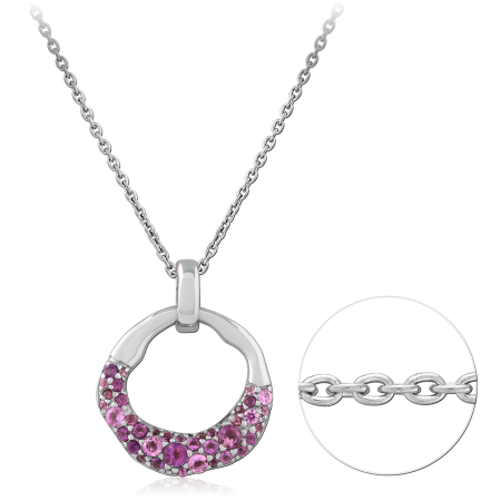 STERLING SILVER 925 NECKLACE OPEN CIRCLE PINK CRYSTAL HALF PAVE
