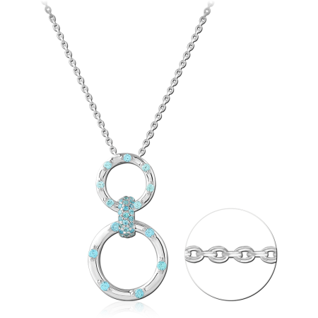 STERLING SILVER 925 NECKLACE DOUBLE CIRCLE BLUE CRYSTAL ACCENTS