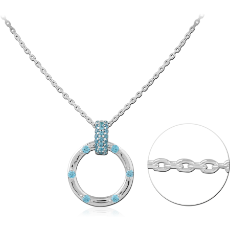 STERLING SILVER 925 NECKLACE OPEN CIRCLE BLUE CRYSTAL ACCENTS PAVE BAIL