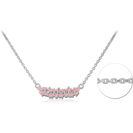 STERLING SILVER 925 NECKLACE CURVED BAR PINK FLOWER CLUSTER