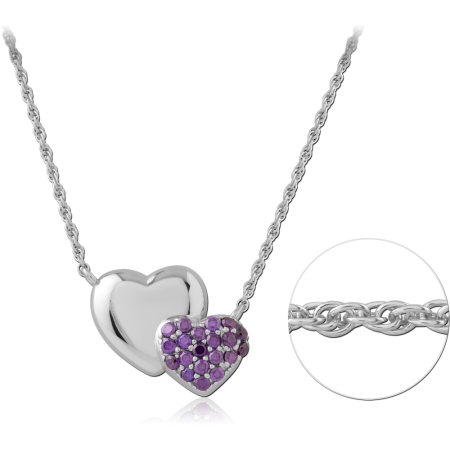 STERLING SILVER 925 NECKLACE DOUBLE HEART PURPLE CRYSTAL PAVE