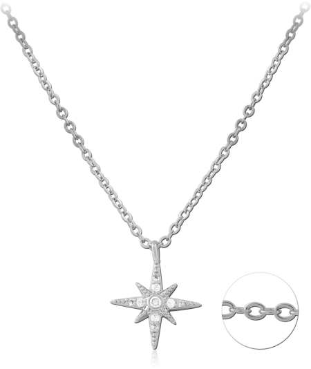 STERLING SILVER 925 NECKLACE STARBURST PENDANT WITH CLEAR GEM ACCENTS