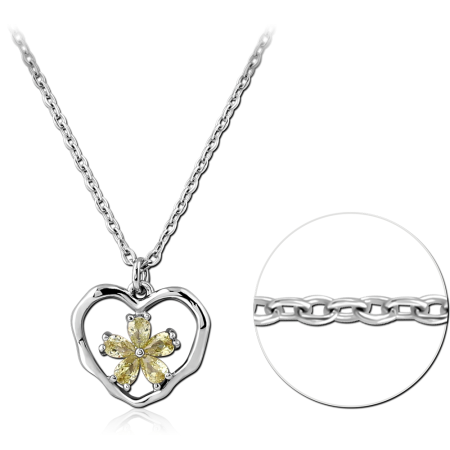STERLING SILVER 925 NECKLACE OPEN HEART PENDANT WITH YELLOW FLOWER AND CLEAR ACCENTS