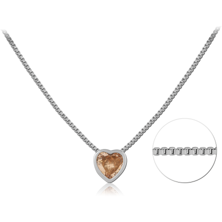 STERLING SILVER 925 NECKLACE HEART BEZEL PENDANT WITH LIGHT BROWN GEM