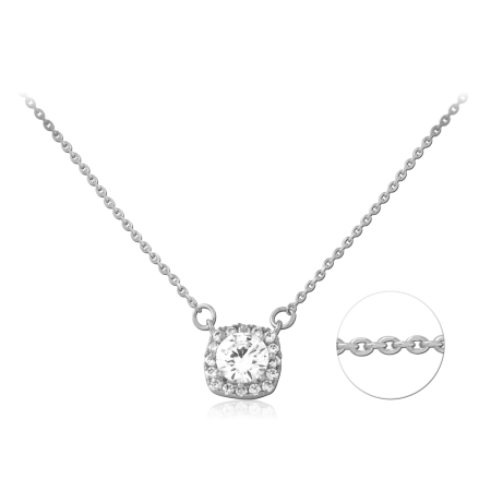 STERLING SILVER 925 NECKLACE CUSHION HALO PENDANT WITH CLEAR CENTER GEM