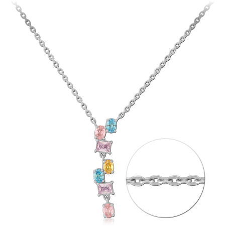 STERLING SILVER 925 NECKLACE VERTICAL MIXED SHAPE MULTICOLOR GEM PENDANT