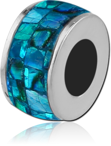 SURGICAL STEEL BEAD BLUE SYNTHETIC MOTHER OF PEARL MOSAIC INLAY