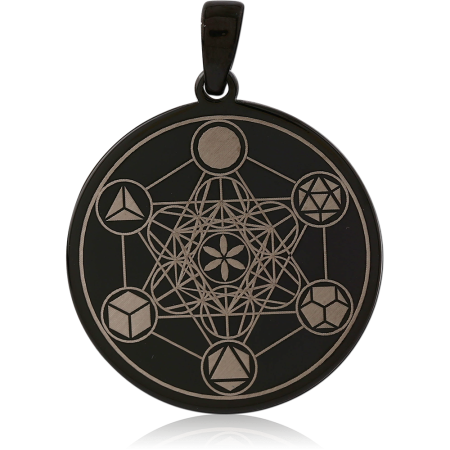 BLACK PVD COATED SURGICAL STEEL PENDANT ROUND GEOMETRIC ENGRAVED DISC MEDALLION