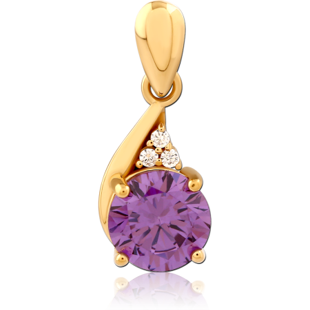 GOLD PLATED STERLING SILVER 925 PENDANT ROUND PURPLE GEM WITH CLEAR TRIO