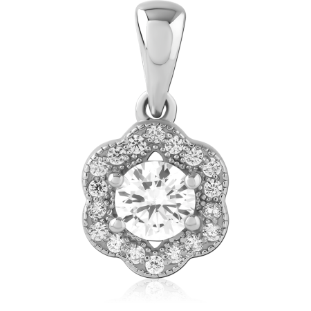RHODIUM PLATED STERLING SILVER 925 PENDANT FLOWER HALO CLEAR CENTER GEM